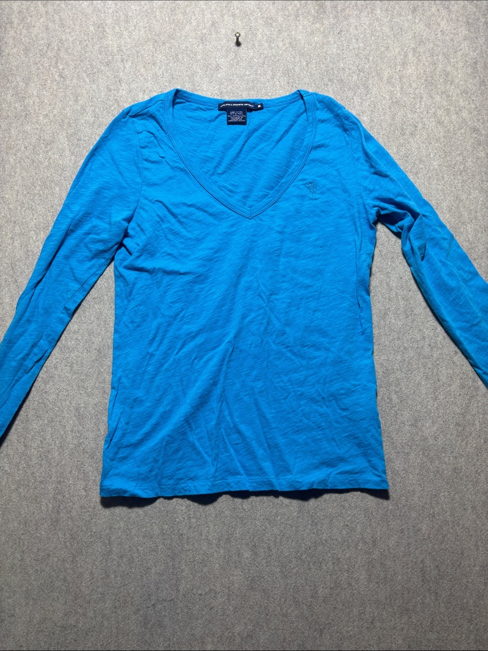 Ralph Lauren Sport Womens Long Sleeve V-Neck TShirt Medium Tee Blue Pony Logo(5)